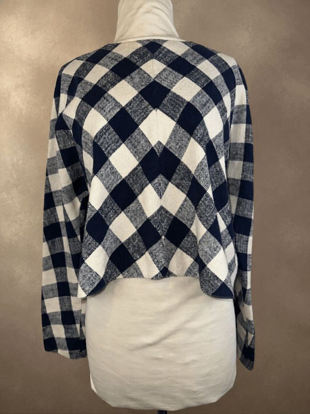 Zara Woman Size L Navy Plaid Cotton Linen Blend Cropped Top